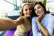 © F8  \ Suport Ukraine - Two smiling women friends driniking coffee and taking selfie, friendship concept