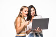 © F8  \ Suport Ukraine - Portrait of two cheerful women looking at the laptop isolated over white background.