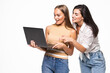 © F8  \ Suport Ukraine - Portrait of two cheerful women looking at the laptop isolated over white background.