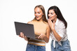 © F8  \ Suport Ukraine - Portrait of two cheerful women looking at the laptop isolated over white background.