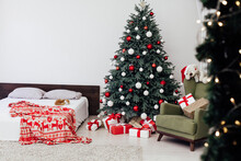 Christmas Tree Pine Christmas Decoration Bedroom Interior With Bed And Gifts