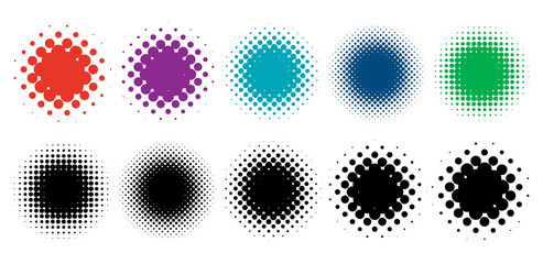 Aufkleber - Colorful halftone vector pattern, texture design element set. Circles, dots, screentone illustration. Freckle, stipple-stippling, speckles illustration. Pointillist vector art