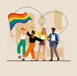© Cami - Illustration of smiling men and women dancing with rainbow flag on street
