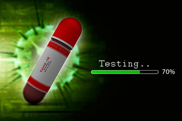 3D illustration covid 19 blood testing with sample bottle