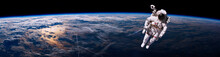 Astronaut Walking In Space With Earth Background. Elements Of This Image Furnished By NASA