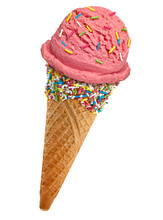 Strawberry Ice Cream Scoop With Color Sprinkles On Cone Isolated On White Background Including Clipping Path.