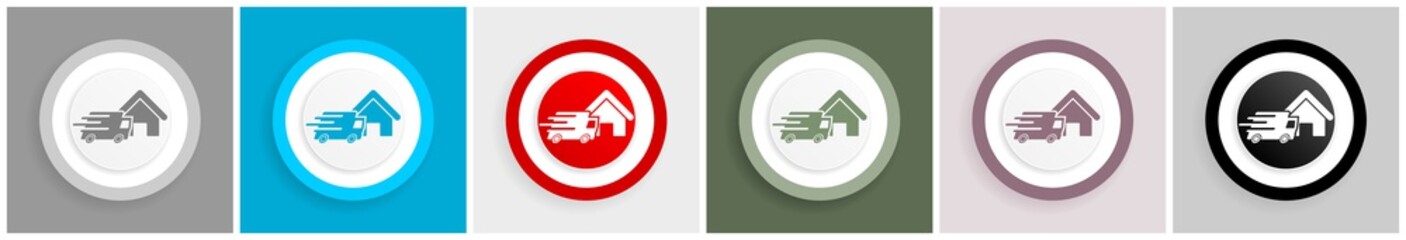 Fototapete - Home delivery, shipping, courier icon set, colorful flat design vector illustrations in 6 options for web design and mobile applications