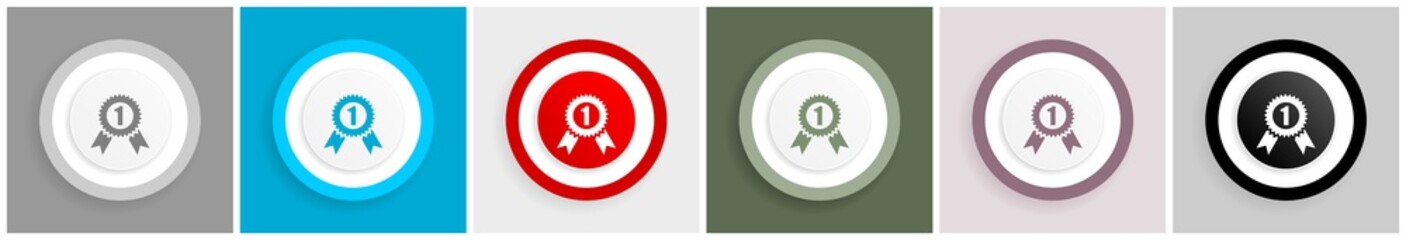 Aufkleber - Badge, winner, first, award icon set, colorful flat design vector illustrations in 6 options for web design and mobile applications
