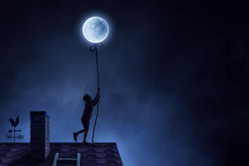 Wall Mural - Kid boy catching moon . Mixed media