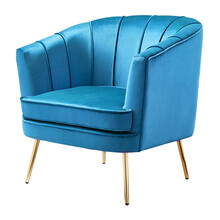 Contemporary Upholstered Velvet Accent Chair Isolated On White. Modern Blue Faux Leather Wingback Club Armchair With Wing Armrests & Metal Feet Front Side View. Interior Furniture