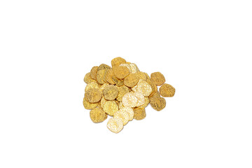 A pile of golden coins. Lot of pirate coins isolated on white background.