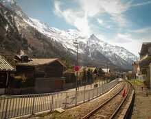 Train Line And Beautiful Mountains In Chamonix, France