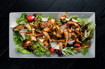 Canvas Print - Close up view on large plate with tasty salad. Food photo background. Healthy, dieting, balanced salad