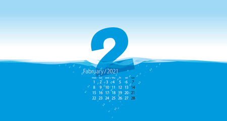 2021 New Desk Calendar 02 month February new year planner organizer template waving water blue background