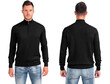 Man in black sweatshirt on white background. Black pullover template. Mockup of black shit. Front view, back view