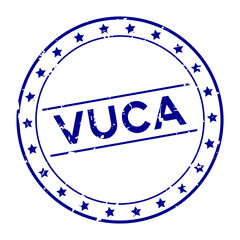 Sticker - Grunge blue vuca (abbreviation of Volatility, uncertainty, complexity and ambiguity) word round rubber seal stamp on white background