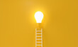 Ladder reaches up to a lit light bulb representing an Idea, creativity, invention concept. 3d rendering.