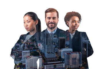 Double exposure of three young, successful, business people, man and woman, standing in front of Asian city Kuala Lumpur background. Concept of hard work and study. Modern life way. Night time.