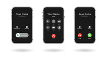 Three Smartphones. Phone Call Screen Installed. Accept Button, Reject Button. Incoming Call. Interface. Phone Call Screen Template Mockup.