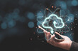 © Dilok - Businessman holding smart phone with virtual cloud computing ,Cloud technology system is computing sharing management for upload download  transfer electronic information and application.