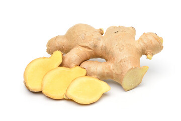 Wall Mural - Fresh ginger rhizome with sliced isolated on white background.