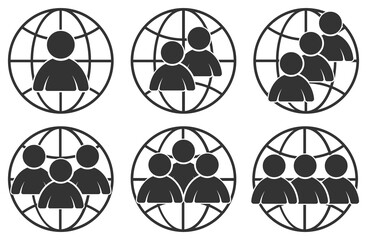 Wall Mural - planet earth symbol with man icons. set of linear globe icons.