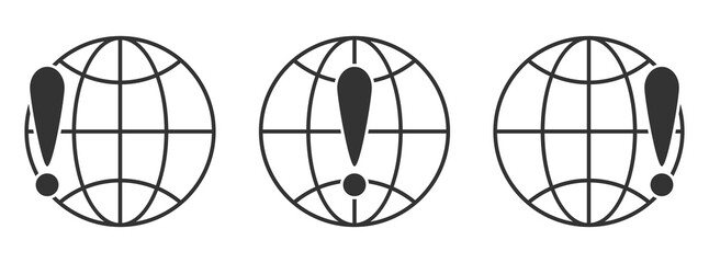 Poster - set of linear globe icons. exclamation mark with globe earth symbol.