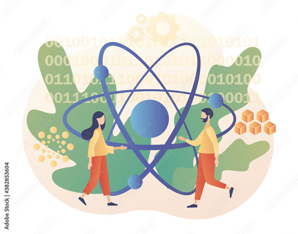 Quantum Computer Cartoonb Quantum computing concept. Optical technology, photonics research. Tiny ...