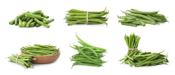 Set of fresh green beans on white background. Banner design