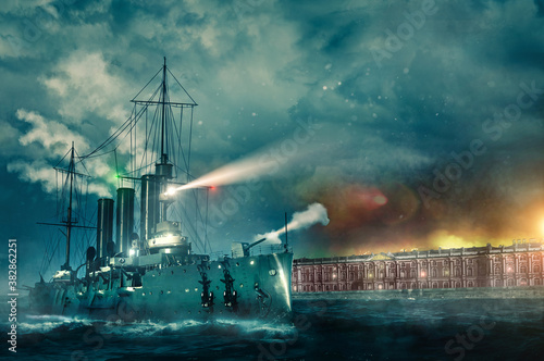 Fotografía October revolution 1917 in Saint Petersburg battleship Aurora