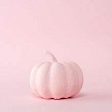 Pink Pumpkin On A Pastel Pink Background. Minimal Halloween Concept.