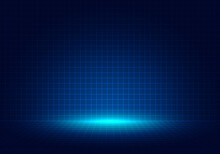 Abstract Blue Grid Perspective Design Background With Lighting. High Technology Lines Landscape Connect Of Future.