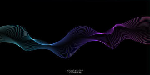 Wall Mural - Abstract wave lines pattern dynamic colorful light flowing isolated on black background. Vector illustration design element in concept of music, technology, modern.