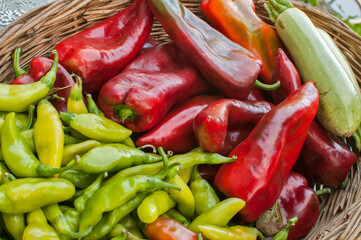 Fresh red raw peppers and green chilli peppers closeup as food background