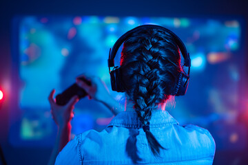 Wall Mural - Close-up view from back of gamer girl playing video game at home in front of big screen with joystick and headphone. Colorful neon led lights background. Streamer concept.