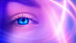 © Laura Сrazy - Close-up biometric scan of a female eye. The concept of modern virtual reality. Female eye on a dark abstract background. Neon glow, hologram.