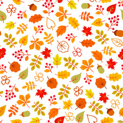 Wall Mural - Autumn leaves stylish background. Fall seamless pattern with hand drawn leaves. Seasonal nature backdrop