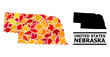 © Sergey - Mosaic autumn leaves and usual map of Nebraska State. Vector map of Nebraska State is composed of randomized autumn maple and oak leaves. Abstract territory scheme in bright gold, red,