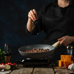 Wall Mural - Chef pours spices on meat in pan wok for cooking traditional mexican tacos. Dark background. Frozen motion. Food concept. Ingredients for dish on the rustic wooden table.