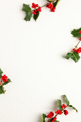 Wall Mural - christmas background with branches of holly with red berries on white. winter concept. flat lay, cop