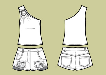 Wall Mural - Set of summer clothes for women. Asymmetric top and jeans shorts.