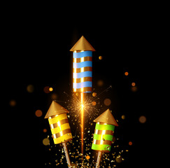 Wall Mural - fireworks set rocket with glitter confetti. festive light sparkling flash firework. celebrate backgr