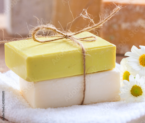 Soap bars chamomile, closeup view. Natural herbal beauty products