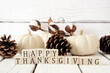 canvas print picture - Happy Thanksgiving greeting on wooden blocks against a white wood background with white pumpkins and brown autumn decor