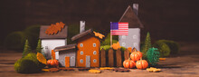 Miniature Thanksgiving Little Autumn Cottages Village In The Forest, Banner