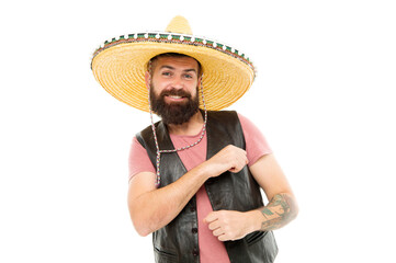 Mexican party concept. Celebrate traditional mexican holiday. Guy happy cheerful festive outfit ready to celebrate. Mexican melody drives him. Man bearded cheerful guy wear sombrero mexican hat