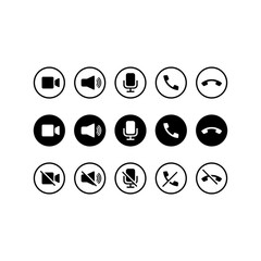 Wall Mural - communication icon set in black. camera, sound, microphone, phone and call button. vector eps 10. is