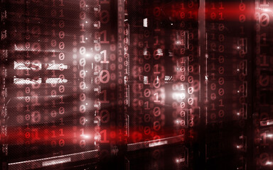 Wall Mural - binary code matrix digital internet technology concept on server room background.