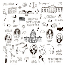 Voting American Presidental Election, United Staters Of America Hand Drawn Doodle Line Illustrations Vector Set.