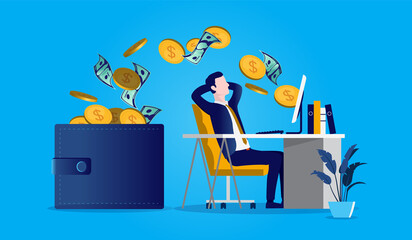 Poster - Businessman getting paid - Man sitting in front of desk while money pouring out of his computer and in to his wallet. Earning money on internet, online hustle and passive income concept. Vector format